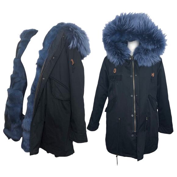 Mr & Mrs Italy Jacket Black Canvas Blue Dyed Rabbit Fur Parka Hooded Military XL - Picture 1 of 16